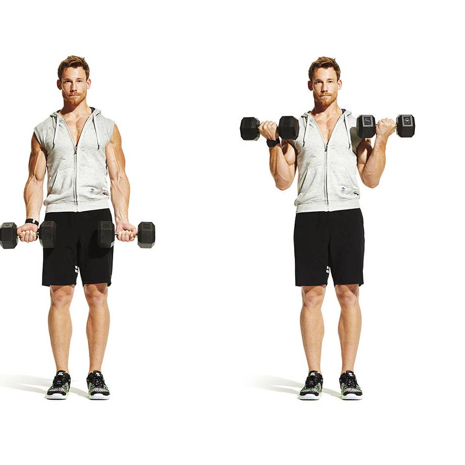 Man in athletic apparel doing dumbbell biceps curl